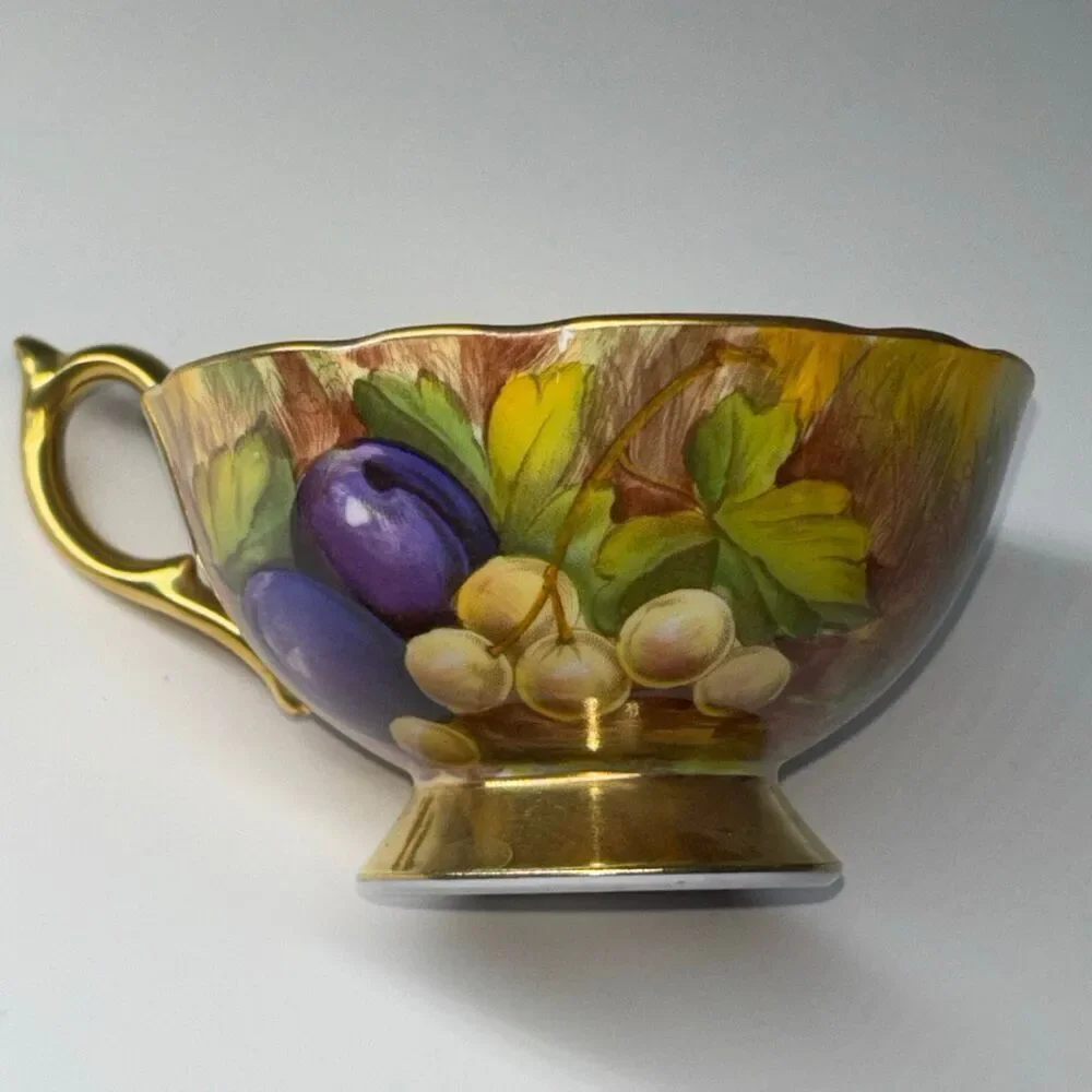 Vtg Aynsley Orchard Fruit Gold Tea Cup Saucer English Bone China England scallop